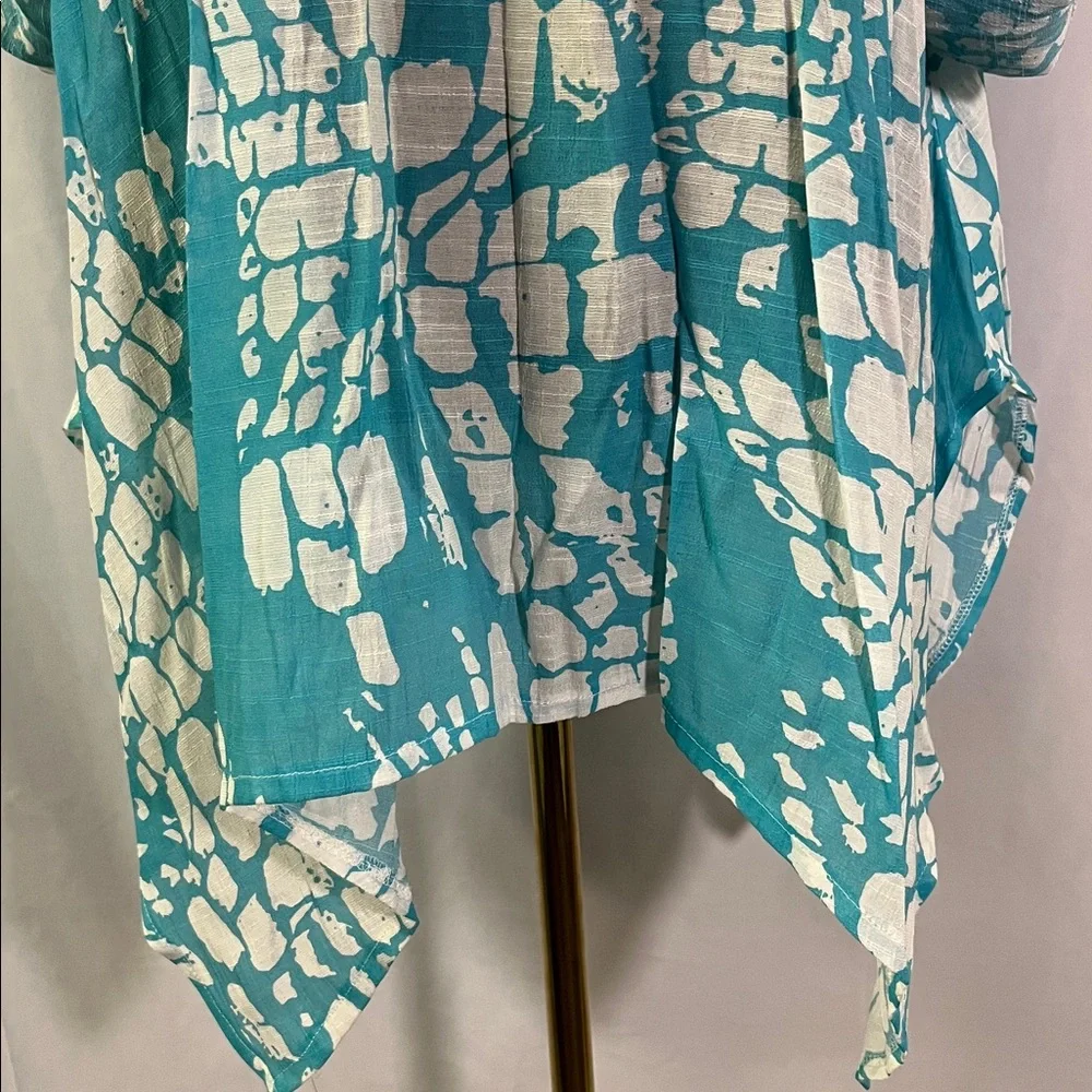 Pleasant Shade Teal & White Printed Roll-Tab Sleeve Tunic Style Swim Coverup